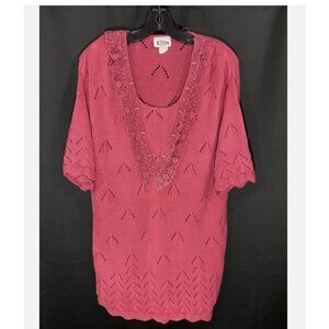 VTG 70s Long Sweater Grandma Sz 16 Bright Lights USA Pink floral Lace eyelet SS
